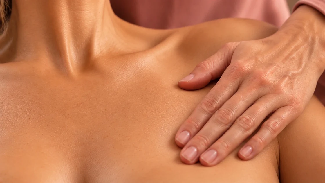 Gentle therapeutic touch at the chest and shoulder